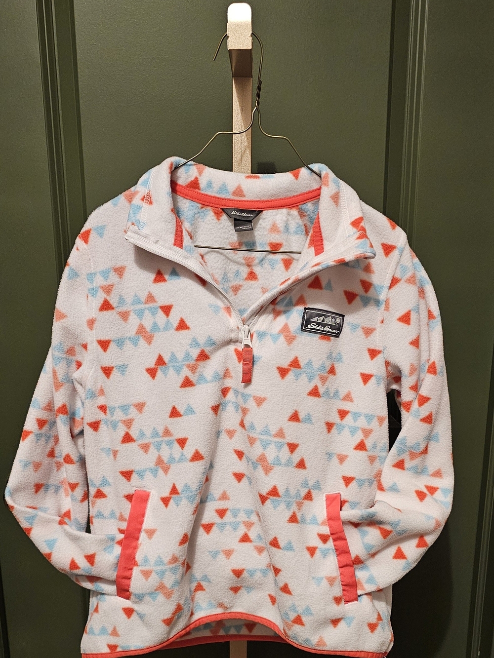 Eddie Bauer White Fleece Half-Zip with Coral & Light Blue Triangles Girls Medium